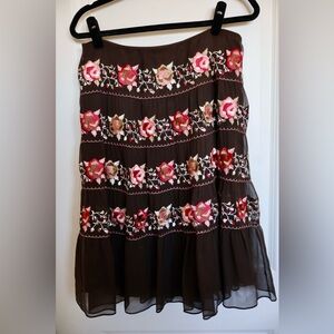 Vintage Laundry By Shelli Segal Brown Floral Embroidered Skirt